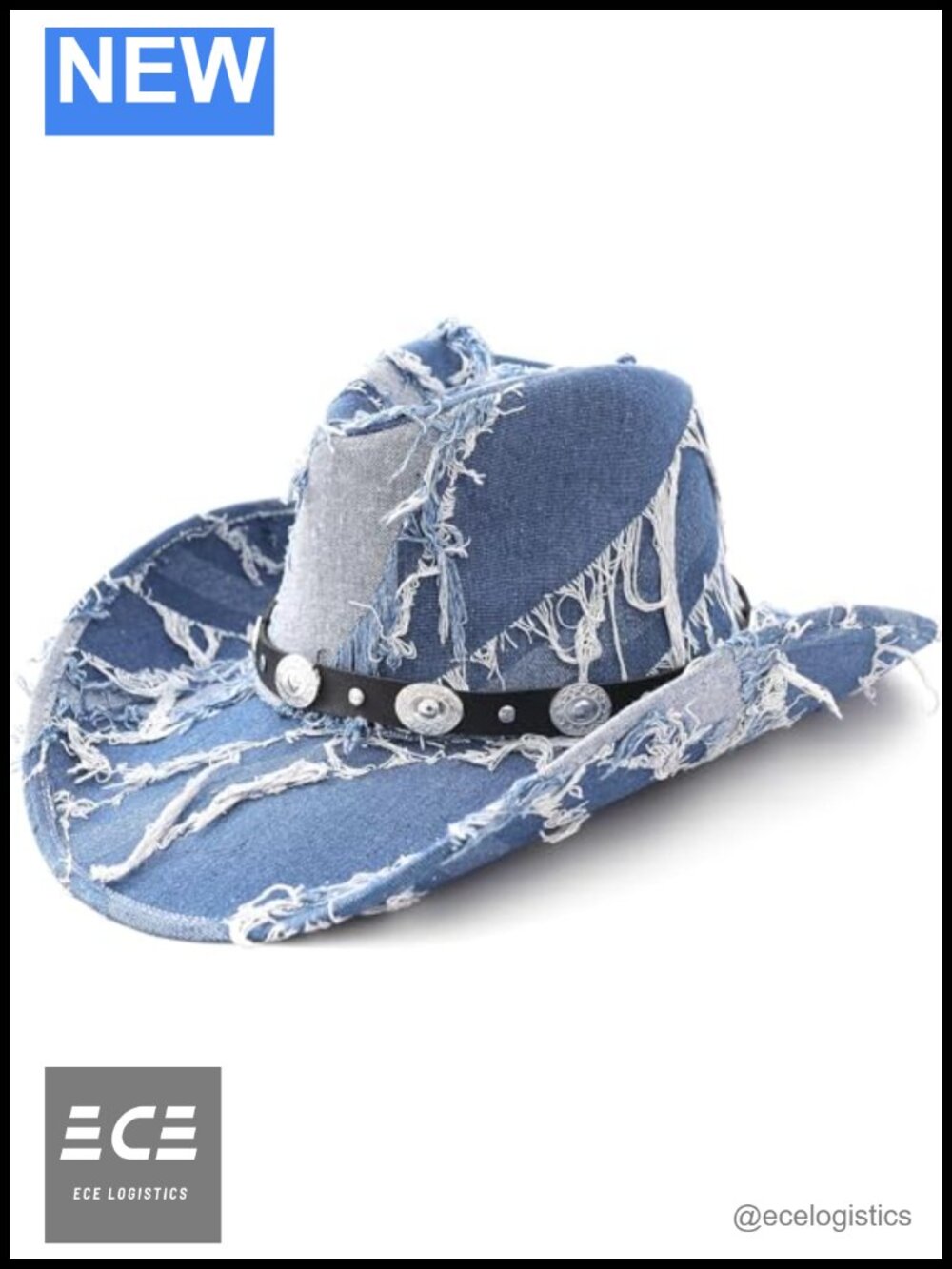Distressed Denim Cowboy Hat Western Fringe Wide Brim Adjustable